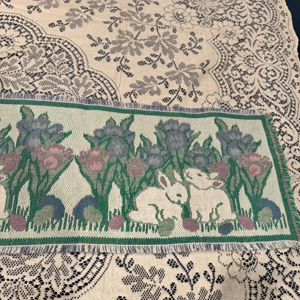 Vintage Tapestry Easter Bunny Table‎ Runner Tulips Springtime Cottagecore